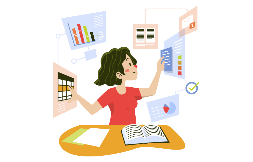 A woman having multiple screens open and managing different tasks at once as a virtual assistant.